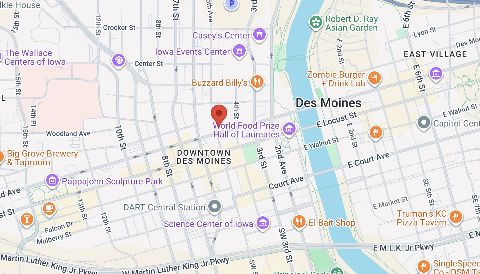 Google Maps screenshot of downtown Des Moines showing pin of Patterson Law Firm